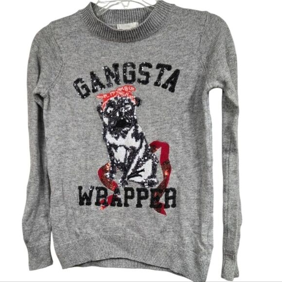 H&M Gangsta Wrapper Sequin Pug Dog Gray Crew Neck Sweater Urban Hip Christmas XS - Picture 1 of 14